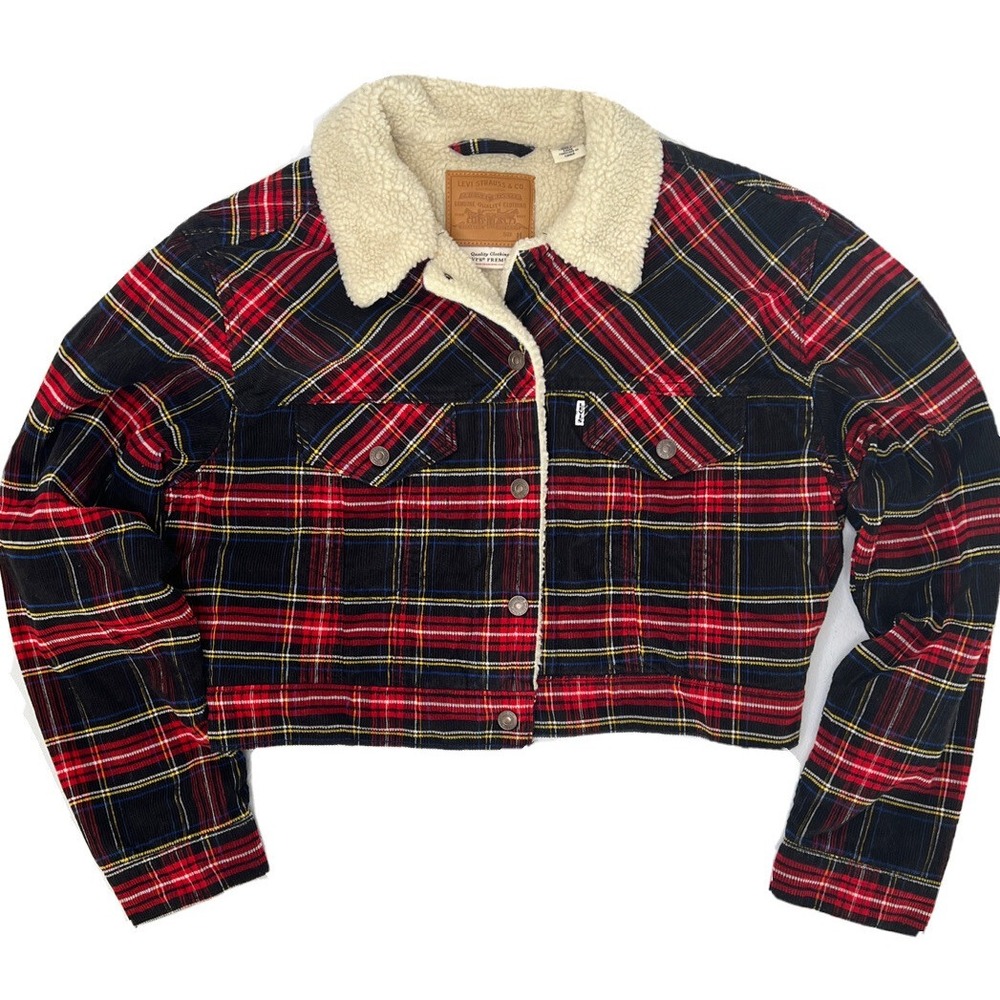 Levis Ex-Boyfriend Corduroy Trucker Jacket Womens M Plaid Red Black Sherpa Crop